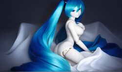 1girls ai ai-created ai_generated ass blank_stare blanket blue_eyes blue_hair breasts breasts_out doll_joints figurine from_behind full_body hair_between_eyes hand_over_breasts hand_over_own_breast hatsune_miku joints large_breasts long_hair looking_at_viewer looking_back miku_doll night nipples on_knees plastic_skin pvc shittyaistuff silk twintails vocaloid