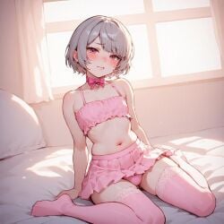 1boy adorable ai_generated bedroom best_quality blush bow bulge choker crossdressing cute detailed_background embarrassed erection explicit femboy feminine_male girly_boy grey_hair hand_on_mouth highres indoors kawaii large_penis lingerie looking_at_viewer masterpiece off_shoulder on_bed original_character otoko_no_ko panties paocomq penis pillow pink_lingerie precum purple_eyes see-through short_hair shy sil_pol sitting solo sweat sweatdrop testicles thighhighs trap uncensored