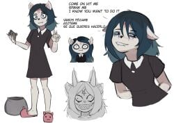 1girls 2023 2d 2d_(artwork) animal_ears animal_slippers anthro blank_background claire_(the_summoning) clothed_female collage demon_horns dialogue english_text pentagram pentagram_on_forehead sharp_teeth slippers solo solo_female spanish_text tagme text the_summoning white_background zero_dead_zone