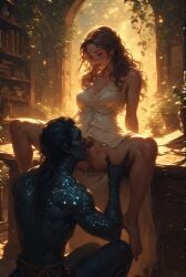 ai_generated alien black_body dripping_pussy eating_pussy glasses glasses_on_face legs_apart legs_spread licking_pussy male/female monster monster_boy weeping_nightshade