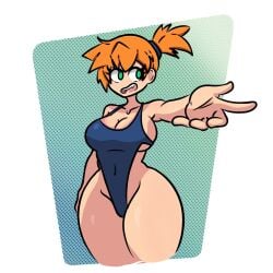 alternative_bust_size asymmetrical_hair bare_shoulders blue_one-piece_swimsuit blue_swimsuit breasts clavicle cleavage clothing covered_navel curvaceous female green_eyes groin highleg highleg_swimsuit kasumi_(pokemon) large_breasts navel oerba_yun_fang one-piece_swimsuit open_mouth orange_hair outstretched_arm plantita_feliz pokemon ponytail short_hair short_ponytail side_ponytail sideboob slender_waist smile standing swimsuit teeth thick_thighs thighs tied_hair upper_teeth upper_teeth_only wide_hips