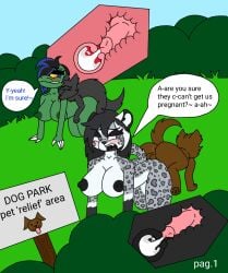 animal_genitalia animal_penis anthro anthro_on_feral anus ass ass_to_ass backsack balls big_breasts bodily_fluids breasts canid canine canis cum cum_in_vagina cum_inside cumshot domestic_dog ejaculation english_text felid feline female female_on_feral feral genital_fluids genitals group hi_res humiliation internal internal_vaginal knot knotted_penis knotting male male/female mammal naawadeer park penis pregnant pregnant_anthro pregnant_female public public_exposure public_humiliation public_nudity public_sex scalie sex speech_bubble text toyi_(naawadeer) uterus uterus_view x-ray_view zoophilia