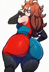 adjusting_glasses ai_generated android_21 android_21_(human) back_view big_ass blackwhiplash_(imitation) breasts brown_hair dragon_ball_super dutch_angle glasses grin low_angle novelai pixiv self_upload thick_thighs
