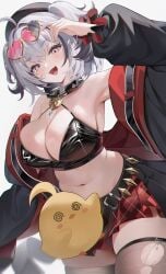 :d @_@ ahoge arm_up armpits azur_lane bangs bare_shoulders belt beret bikini bird black_bikini black_headwear black_jacket black_shirt breasts chick cleavage collar cowboy_shot crop_top eyewear_on_head female grey_eyes grey_hair halter_top halterneck hand_up hat heart jacket large_breasts long_hair long_sleeves looking_at_viewer manjuu_(azur_lane) midriff miniskirt multicolored_hair navel oerba_yun_fang off_shoulder open_clothes open_jacket open_mouth plaid plaid_skirt pleated_skirt red_skirt shirt short_hair simple_background skin_fang skindentation skirt smile solo standing stomach streaked_hair sunglasses swimsuit thigh_strap thighhighs thighs torn_clothes two_side_up white_background z13_(azur_lane)
