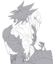 2boys androgynous biting biting_neck femboy galo_thymos gay gay_sex lio_fotia monochrome on_lap open_shirt promare size_difference twink yaoi