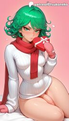 1boy 1futa 2026 ai_assisted ai_generated anime artist_name blush box cock dick erection explicit futanari gift green_eyes green_hair hi_res high_quality high_resolution highres one-punch_man patreon patreon_username penis scarf solo stable_diffusion tatsumaki testicles tsukoneko valentine valentine's_day watermark