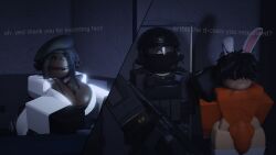1girls 2boys 3d big_breasts breasts bulge clothing cometrr34 d-class dark-skinned_female dialogue english_text everytoo hung_trap light-skinned_male prisoner roblox robloxian scp_foundation source_request tagme text thighs