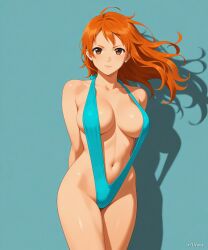 ai_generated artas9972 breasts female female_only hands_behind_back hips nami nami_(one_piece) navel one_piece sling_bikini sling_swimsuit slingshot_bikini slingshot_swimsuit solo solo_female