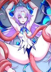 absurdres blue_horns blue_panties blue_wings bound bound_wrists breasts bright_pupils center_opening clothing_aside commentary_request commission demon_girl demon_horns demon_wings dress elsword facial_mark female forehead_mark highleg highleg_panties highres horns ishtar_(elsword) jo_an long_hair luciela_r._sourcream panties panties_aside pixiv_commission restrained short_dress sleeveless sleeveless_dress small_breasts spread_legs star-shaped_pupils star_(symbol) sweat symbol-shaped_pupils tentacle tentacle_sex tentacles_under_clothes underwear vaginal_penetration white_dress white_hair white_pupils wings