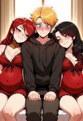 :3 ai_generated black_hair cinder_fall jaune_arc negligee pregnant pyrrha_nikos red_hair rwby shiny_hair shiny_skin smug tagme