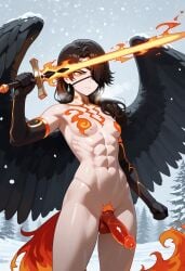 1futa ai_generated angel_wings black_hair black_wings canine_penis cinder_fall eye_patch flaming_sword futa_only futanari nimona1491_(artist) rwby