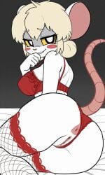 ai_art ai_generated blonde_hair lingerie_only looking_at_viewer lorna_(terrible_mouse) mouse_ears mouse_girl mouse_tail pixai presenting_anus presenting_pussy smiling terrible_mouse