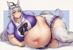 1girls ai_generated big_belly breasts fat female horse_ears horse_girl horse_tail huge_ass huge_belly large_breasts obese oguri_cap_(umamusume) overweight overweight_female sweat thick_thighs two-know umamusume umamusume_pretty_derby