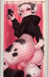 absurd_res anthro anus ass balls big_butt bodysuit boots bracelet butt_pose canid canine canis clothed clothing collar cropped_hoodie domestic_dog eyeliner femboy fishnet_bodysuit fishnet_clothing fishnet_skinsuit flaccid floppy_ears footwear foreskin fur genitals heterochromia hi_res humanoid_genitalia humanoid_penis jewelry makeup male mammal mirror mirror_reflection mirror_selfie partially_clothed_anthro partially_clothed_male penis pink_nose pose puppybf reflection selfie shoes skimpy skinsuit solo spiked_bracelet spiked_collar spiked_hairband spikes taking_picture taking_selfie tight_clothing white_body white_fur
