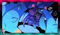 ambiguous_gender blue_body blue_eyes bodily_fluids border bubble cute_fangs duo fangs female feral finger_fuck fingering french_kissing generation_7_pokemon genital_fluids hi_res hug kissing looking_at_another looking_at_partner looking_pleasured mareanie markings narrowed_eyes nintendo open_mouth open_smile penetration pink_tongue pokemon pokemon_(species) pseudo_hair purple_body signature smile spikes spikes_(anatomy) sugarsnare teeth text tongue toxapex url vaginal_fluids vaginal_penetration watermark yellow_markings yellow_sclera