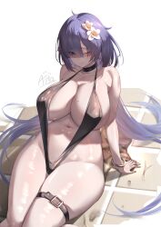 absurdly_long_hair arm_support azur_lane bangs bare_shoulders black_choker black_swimsuit blush bracelet breasts choker cleavage collarbone covered_nipples curvy earrings eyebrows_visible_through_hair female flower groin hair_between_eyes hair_flower hair_ornament huge_breasts jewelry long_hair looking_at_viewer low_twintails mogador_(azur_lane) mogador_(locker_room_lechery)_(azur_lane) nail_polish navel one_eye_closed original purple_eyes purple_hair shiny_skin sitting skindentation slingshot_swimsuit smile solo sweat swimsuit thick_thighs thigh_strap thighs twintails very_long_hair wet white_background white_flower