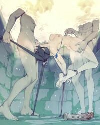 1girls 2boys absurdres arms_behind_back asphyxiation barefoot black_hair blue_eyes bondage bound bound_arms bound_legs bound_wrists breasts bubble captured captured_heroine commentary dildo double_penetration drowning dungeon_ni_deai_wo_motomeru_no_wa_machigatteiru_darou_ka english_commentary feet fellatio female forced_oral gag gagged hair_grab hair_pull hestia_(danmachi) highres human large_breasts light-skinned_female long_hair looking_to_the_side maledom multiple_boys nipples nude oral rape restrained restraints ring_gag rou_(rou22) rough_sex sex sex_slave sex_toy slim_waist soles solo spitroast stomach_bulge toes twintails underwater underwater_sex vaginal_penetration variant_set very_long_hair wide_hips