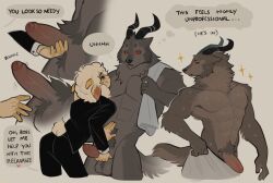 2_horns absurd_res anthro balls big_penis bovid canid canine canis caprine clothed clothed_male clothing duo erection foreskin fully_clothed fully_clothed_male gay gay_male genitals hi_res horn humanoid_genitalia humanoid_penis hybrid male male/male mammal muscular muscular_anthro muscular_male nude_male penis penis_grab ramahuro red_eyes sheep suit towel towel_on_shoulder towel_only water wet wolf yaoi