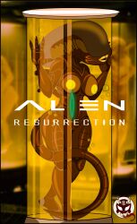 8ball9615 alien:_resurrection alien_(franchise) alien_girl big_breasts boobs_on_glass brown_body bubbles floating_in_water glass_tube green_nipples kissing monster_girl movie_poster muscular_female parody pussy tail water_tank xenomorph