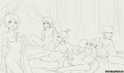 avatar_the_last_airbender azula black_and_white clothing double_nexus female female_only human jin_(avatar) katara mai_(avatar) monochrome multiple_females small_breasts straight_hair tagme toph_bei_fong ty_lee yuri