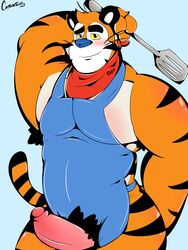 2015 apron armpit_hair armpits arms_up blue_nose blush feline furry huge_cock male male_only mammal orange_hair penis pink_penis pubic_hair red_skin solo thecaptainteddy tiger tony_the_tiger