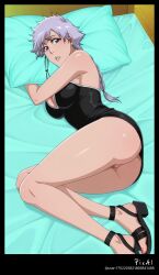 1girl, 4k, 8k, ai_generated anime_screencap, bleach:_the_thousand-year_blood_war bleach_tybw_style, braid, butt_view, explicit_content, full_body, hair_braid, high_quality, isane_kotetsu, kotetsu_isane kotetsu_isane, lying, masterpiece, mature_female, medium_breasts mini_dress, nsfw, on_bed, on_side, perfect_body, perfect_feet, perfect_legs, polished_toenails, purple_eyes, purple_hair, sandals, sexy_outfit, short_hair, solo, summer_top, thighs,