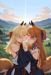 2girls ai_generated animated blonde_hair blush breasts_out brown_fur brown_hair closed_eyes earrings female_only fox_ears fox_girl fox_tail hair_ornament happy kimono kissing married_couple monster_girl mountains ribbons river romantic_ambiance scenery tagme tattoo tattooed_arm topless trees valley video wagging_tail wife_and_wife yuri