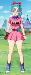 1girls animated aqua_eyes aqua_hair braid bulma_briefs cleft_of_venus cloud dragon_ball exhibitionism female female_focus field forest forest_background foxybulma full_body grass hairless_pussy highres legs looking_at_viewer nature nature_background navel no_panties outdoors pink_dress ponytail pussy ribbon skirt sky solo standing teasing teenage teenage_girl toei_animation younger_female