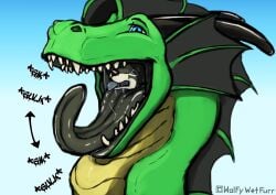 akeroh alaskan_malamute anthro big_dom_small_sub black_tongue blue_tongue canid canine canis domestic_dog dominant dragon fantasy feral feral_pred happy infinite larger_feral larger_male larger_pred male mammal mythological_creature mythological_scalie mythology nordic_sled_dog onomatopoeia oral_vore rumination scalie size_difference smaller_anthro smaller_male smaller_pred sound_effects spitz swallowing text tongue tongue_out vore wolf wolfywetfurr wolfywetfurr_(artist)