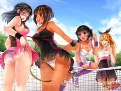 4girls accurate_art_style aiko_yumi black_hair blonde_hair breasts brown_eyes brown_hair dark_skin female female_only huniepop kyanna_delrio latina lola_rembrite multiple_females multiple_girls panties panty_shot purple_eyes slave_handles sport tennis tiffany_maye