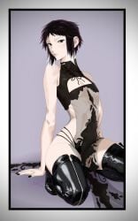 1boy black_hair bungo_stray_dogs bungou_stray_dogs crouching emiko_tohinusdv hand_on_floor leather lingerie male male_only painted_nails ryuunosuke_akutagawa sheer_dress solo solo_male tagme zipper