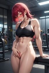 1girls abs ai_generated blush exhibitionism exhibitionist exposed_midriff exposed_pussy female female_masturbation female_only fingering fingering_self gym human_female masturbating masturbation muscular_female naked_pussy partially_clothed public public_nudity red_hair risk_of_being_caught risk_of_discovery short_hair small_breasts sports_bra standing_masturbation strong_female strong_woman wet wet_pussy