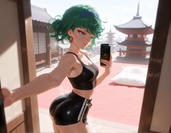 ai_generated architecture ass bare_shoulders black_shorts black_sports_bra breasts cellphone curly_hair earrings east_asian_architecture female green_eyes green_hair green_nails hairband holding holding_phone jewelry medium_breasts midriff one-punch_man phone selfie short_hair short_shorts shorts smartphone smile solo sports_bra tatsumaki thighs
