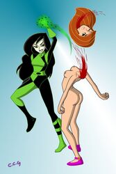 2girls ass bleeding blood blood_spray breasts breasts_out c.c.g. clothing color covered_breasts death decapitation disney exposed_breasts female female_death female_only gore guro head human kim_possible kimberly_ann_possible multiple_females multiple_girls murder nipples punch severed_head shego snuff uppercut