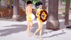 1boy 1girls barefoot beach_ball blue_hair blue_highlights blue_ink22 blue_streak breasts brown_hair completely_nude completely_nude_female completely_nude_male covering covering_breasts covering_crotch covering_pussy donut_pool_toy eclair_(blue_ink22) embarrassed long_sleeves medium_hair nairod navel nipples nude nude_female pool pool_toy retropunch short_hair side_ponytail tagme