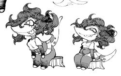 american_opossum anthro bottomwear chibi clothing curled_hair duo eyelashes female hair mammal marsupial miistniight miniskirt monochrome pubes pubes_exposed pubic_trail raised_tail sitting skirt stump tail tongue tongue_out topwear