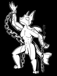 2023 3:4 abs animal_genitalia anthro balls chains claws digital_drawing_(artwork) digital_media_(artwork) fin fish furred_shark genitals hakarl_the_floofy_shark hi_res looking_up male marine monochrome nude pecs raised_arm reed_the_deer shark shark_tail sheath solo standing white_eyes