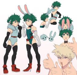 2boys artist_request bakugou_katsuki bunny_boy bunny_ears bunny_tail bunnysuit deku femboy freckles green_eyes green_fur green_hair izuku_midoriya katsuki_bakugou legwear leotard male male_focus male_only midoriya_izuku my_hero_academia nosebleed rabbit_boy rabbit_ears red_eyes source_request thighhighs thumbs_up twink yaoi