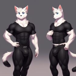 1boy abs ai_generated big_thighs black_pants black_shirt blue_eyes cat_ears cat_tail cock_bulge frosting.ai furry furry_ears furry_only furry_tail male male_only muscular muscular_male nipple_bulge penis_bulge white_fur