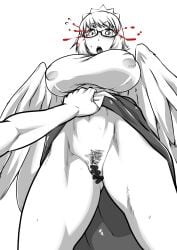 blood blood_from_eyes blush breasts censored clothes_lift commentary_request covered_nipples feathered_wings feathers female female_pubic_hair futaba_channel greyscale harpy highres impossible_clothes jackasss large_breasts lifted_by_another monochrome monster_girl nijiura_maids open_mouth owl_girl pubic_hair pussy simple_background skirt skirt_lift spot_color teeth upper_teeth_only winged_arms wings yabai