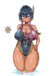 baiken,_blue_dragon_of_the_hidden_blade blush curvy dark-skinned_female duel_masters geist43195783 gijinka hand_on_hip hourglass_figure huge_breasts huge_thighs hundred_eyes,_secret_spirit_treasure one-piece_swimsuit partially_submerged shiny_skin tan_skin thick_thighs thighs thighs_together wide_hips