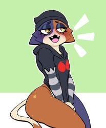 ass beanie black_clothing bottomless cat covering_crotch embarrassed embarrassed_undressed_female euf feline female female_focus female_only fortnite fur furry hat hoodie lovetopullmicke meow_skulls_(fortnite) multicolored_fur no_panties no_pants panties tagme yellow_eyes