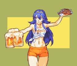 1girls alcohol alternate_costume beer beer_mug blue_eyes blue_hair breasts chicken_(food) crop_top cup employee_uniform female female female_only fire_emblem fire_emblem_awakening food glaceo hair_between_eyes hooters long_hair lucina_(fire_emblem) mug navel nintendo orange_shorts pixel_art short_shorts shorts simple_background small_breasts smile solo tank_top uniform waitress