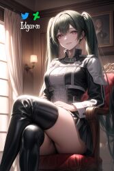 absurd_res ai_generated black_jacket black_skirt crossed_legs d.gray-man green_hair hi_res high_boots idgaroo indoors lenalee_lee panties purple_eyes sitting stable_diffusion twintails