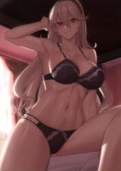 1girls absurdres arm_up armpits bare_arms bare_shoulders black_bra black_hairband black_panties blush bra breasts cleavage collarbone commission corrin_(female)_(fire_emblem) corrin_(fire_emblem) corrin_(fire_emblem)_(female) curtains female female_only fire_emblem fire_emblem_fates grey_hair hair_between_eyes hair_ornament hairband highres indoors kakeku large_breasts long_hair looking_at_viewer navel nintendo panties parted_lips pixiv_commission red_eyes smile solo stomach thighs underwear window