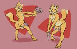 anthro ass balls casual firearm fox_mccloud fur genitals gun halo-pano handgun hi_res leg_strap legwear looking_at_viewer male male_only nintendo nipples orange_body orange_fur penis pistol ranged_weapon simple_background slightly_chubby slightly_chubby_male star_fox tactical_nudity weapon