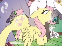 angel_(mlp) animated ass_tattoo balls bunny cum cum_in_mouth cum_inside deepthroat doggy_style drool_string drooling equine_penis fluttershy_(mlp) friendship_is_magic gif green_eyes haltie horsecock irrumatio multiple_boys my_little_pony spitroast tail threesome throat_bulge thrusting thrusting_into_mouth thrusting_into_pussy white_body wings yellow_body