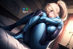 absurd_res ai_generated bed bedroom blonde_hair blonde_hair blue_eyes hi_res hugging_legs idgaroo large_breasts looking_at_viewer metroid ponytail samus_aran stable_diffusion zero_suit zero_suit_samus