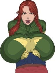 1boy 1girls big_breasts breasts_bigger_than_head dark-skinned_male dark_skin female huge_breasts human human_only jean_grey jombleywombley large_breasts light-skinned_female light_skin male male/female male_pov marvel marvel_comics partial_male phoenix_(x-men) red_hair straight thejombler x-men