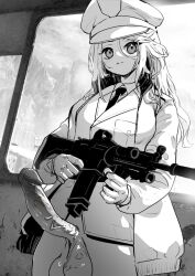 1futa afterlife_fgirl assault_rifle balls big_breasts big_penis bottomless breasts clothed clothing erection expressionless female_soldier futa_only futanari futanari_solider greyscale gun human large_penis long_hair looking_at_viewer military military_hat military_jacket military_uniform mostly_clothed penis rifle solo standing testicles uncensored veiny_penis weapon